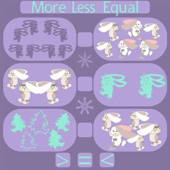 count the funny rabbits in the picture and put a sign greater than, less than or equal to the rebus for children under 6 years old