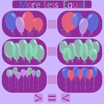count the balloons in the picture and put a sign greater than, less than or equal to the rebus for children under 6 years old