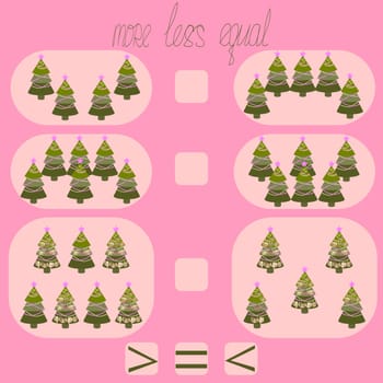 count the Christmas trees in the picture and put a sign more, less or equal