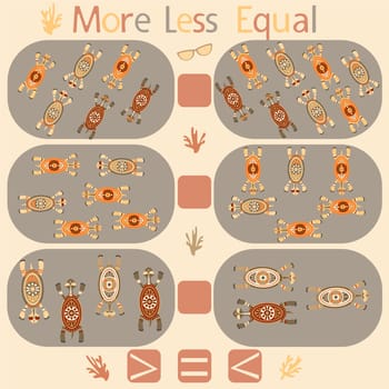 count the turtles in the picture and put a sign more, less or equal to the rebus for children under 6 years old