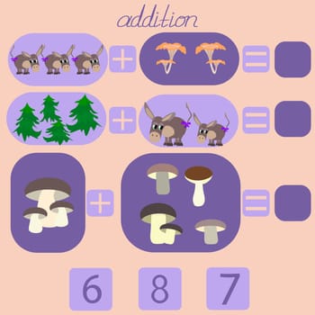 count the donkeys and mushrooms in the picture and put the right number in the rebus for from 5 years to 7 years