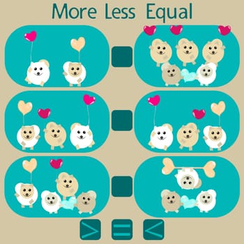 count the funny dogs in the picture and put a sign greater than, less than or equal to the rebus for children under 6 years old