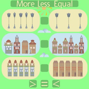 count the houses and lanterns in the picture and put a sign greater than, less than or equal to the rebus for children under 6 years old.
