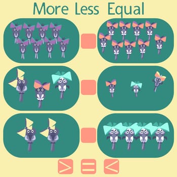 count the birds in the picture and put a sign greater than, less than or equal to the rebus for children under 6 years old