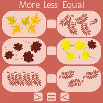 count the autumn leaves in the picture and put a sign greater than, less than or equal to the rebus for children under 6 years old