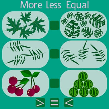 count the berries and leaves in the picture and put a sign greater than, less than or equal to the rebus for children under 6 years old