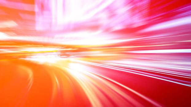Simulation of night traffic long exposure. Bright red-orange background with traces of headlights, lights or rays of light. White and yellow dashes and strokes.