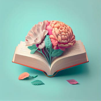 Colorful creative brain with flowers on a book, education concept, brainstorming for ideas, positive attitude, generative AI