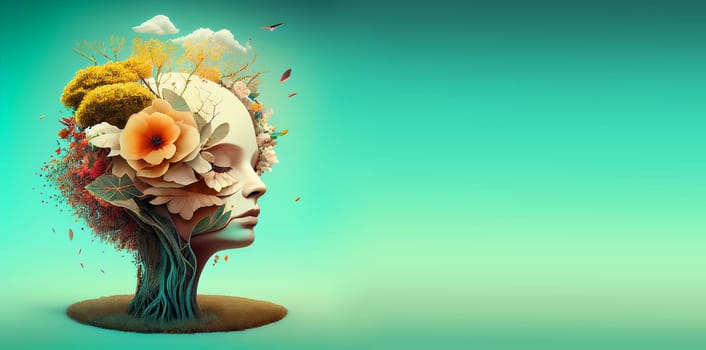 Human brain with flowers, self esteem and mental health care concept, positive thinking, creative mind, generative AI