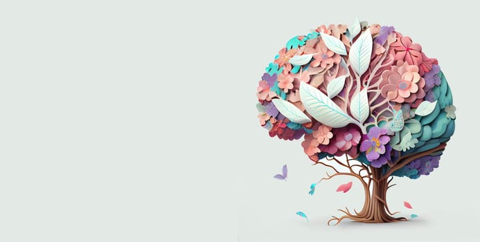 Human brain tree with flowers, self care and mental health concept, positive attitude, creative mind, generative AI