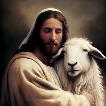 Jesus Christ holding the lost sheep in his arms, religion and faith of christianity, bibical story, generative AI