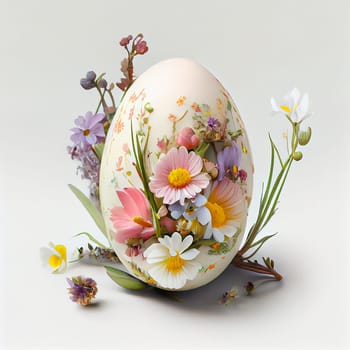 Easter egg with flowers, spring holiday greeting card, pastel color, generative AI