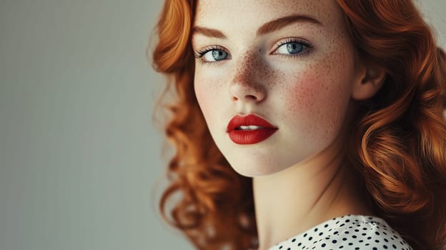 Portrait of beautiful young woman with red curly hair and freckles, red-haired girl, natural beauty, studio shot