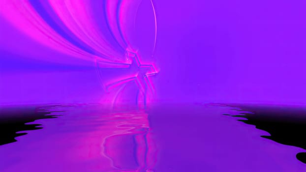 3D neon glow cross  over blue reflecting in water,3D neon glow cross  over blue reflecting in water