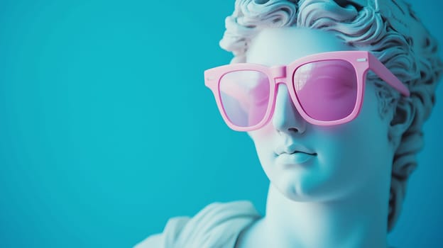 Stylish creative portrait of modern fashionable antique statue of young woman in pink sunglasses on blue studio background