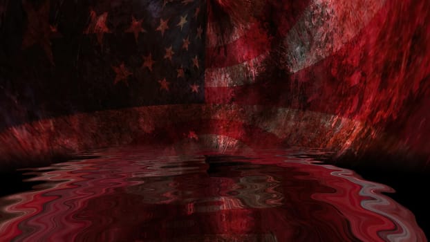 USA flag on grunge bloody background reflected in water,USA flag on grunge bloody background reflected in water