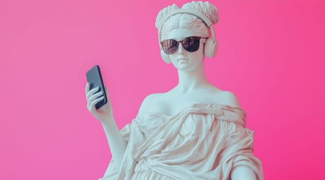 Stylish portrait of modern antique statue of young woman listening to music with headphones and smartphone, on pink studio background