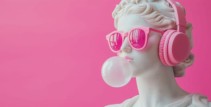 Stylish portrait of modern fashionable antique statue of young woman listening to music with headphones blowing bubble with chewing gum, sunglasses on pink studio background