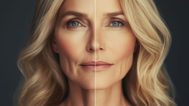 Close-up portrait of beautiful mature woman, skin aging process concept, before and after, close-up, studio background