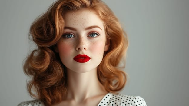 Portrait of beautiful young woman with red curly hair and freckles, red-haired girl, natural beauty, studio shot
