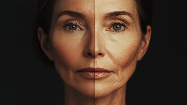 Close-up portrait of beautiful mature woman, skin aging process concept, before and after, close-up, studio background