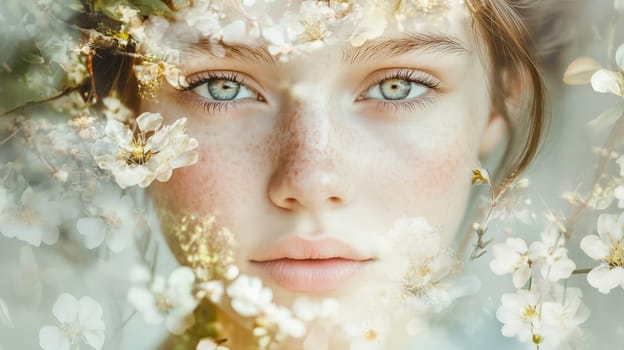 Close-up portrait of beautiful young woman, flowers natural beauty, spring floral collage background