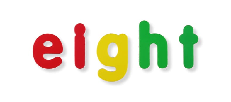 Eight word in coloured magnetic letters on white with clipping path concept