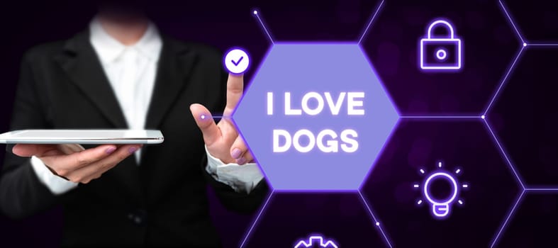 Text sign showing I Love Dogs, Business overview Have good feelings towards canines To like pets animals