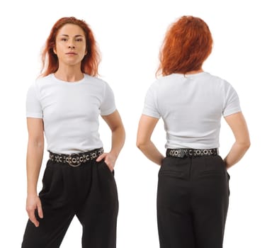 Photo of a young beautiful redhead woman with blank white shirt. Isolated over white background and ready for your design or artwork.