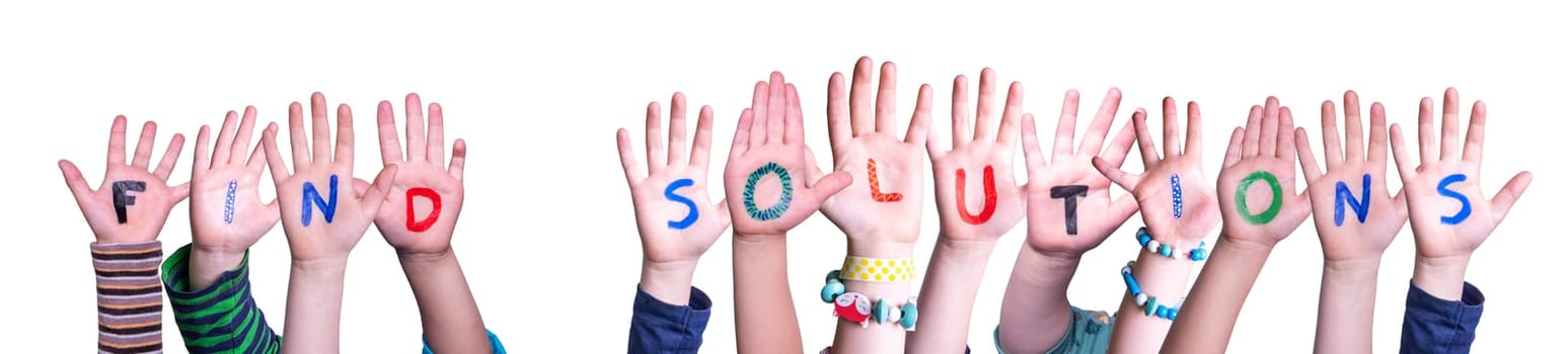 Children Hands Building Colorful English Word Find Solutions. Isolated White Background.