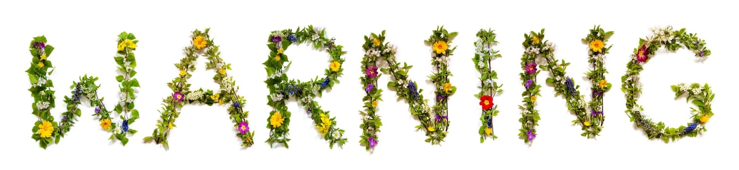 Blooming Flower Letters Building English Word Warning. Summer And Spring Season Blossoms And Flower Lei.