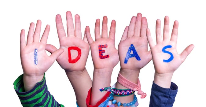 Children Hands Building Colorful English Word Ideas. Isolated White Background.