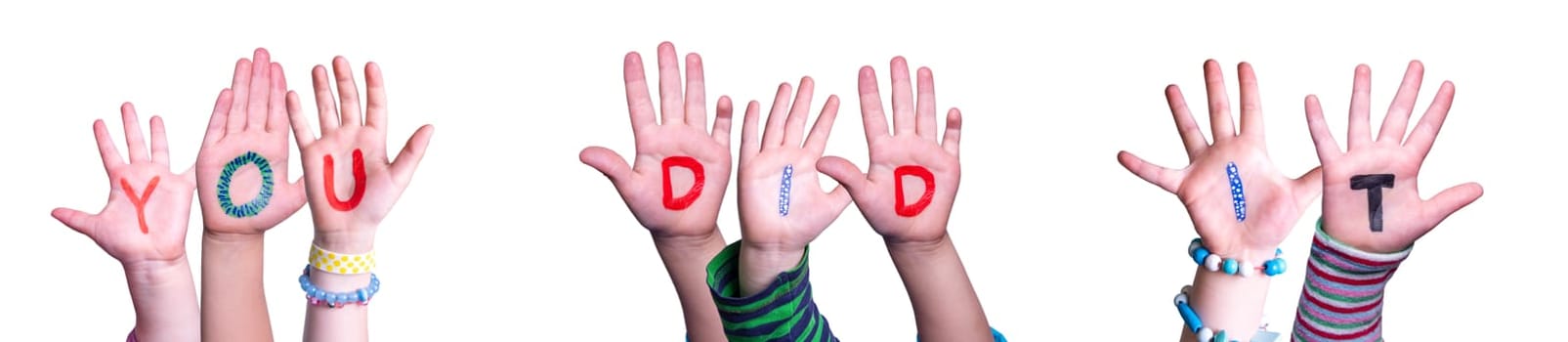 Children Hands Building Colorful English Word You Did It. White Isolated Background