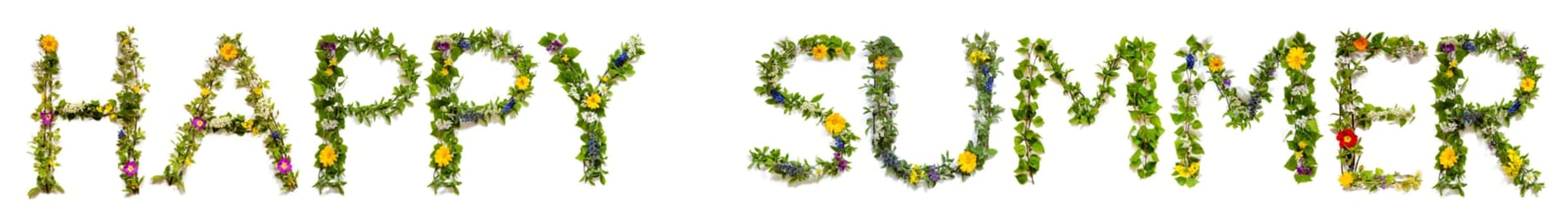 Blooming Flower Letters Building English Text Happy Summer. Summer And Spring Season Blossoms And Flower Lei.