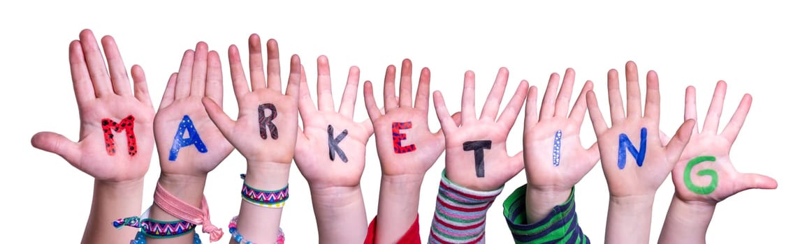 Children Hands Building Colorful English Word Marketing. Isolated White Background.