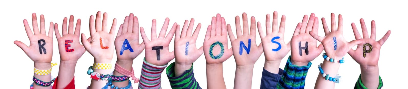 Children Hands Building Colorful English Word Relationship. White Isolated Background