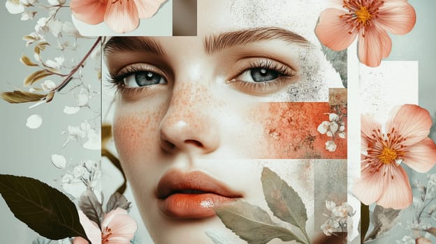 Close-up portrait of beautiful young woman, flowers natural beauty, spring floral collage background