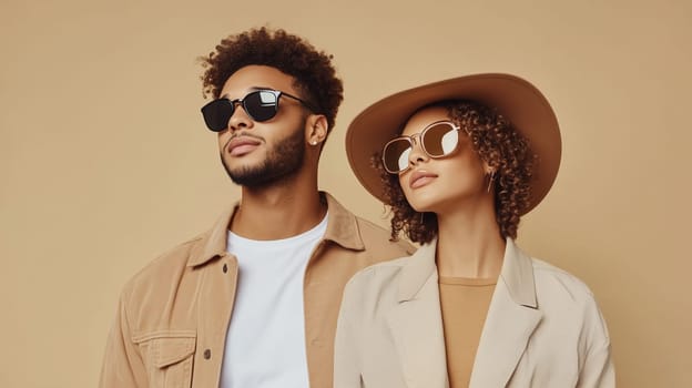 Portrait of stylish beautiful African woman and man, modern black American young couple wearing sunglasses, hat posing together on beige studio background