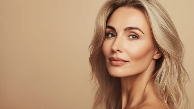 Portrait of beautiful mature woman, blonde hair, confident looking at camera on beige studio background