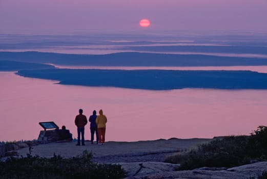 First Sunrise in the USA. Cadillac Mountain.  Acadia National Park. Maine
