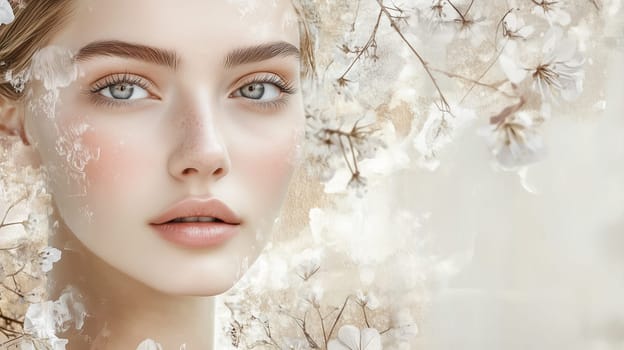 Close-up portrait of beautiful young woman, flowers natural beauty, spring floral collage background