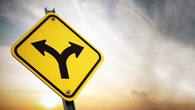 Road split sign on setting sun background. Decisions concept. 3D illustration.