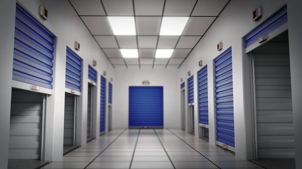 Storage rooms with open, closed and half open doors. 3D illustration.