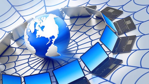Global computer network with a spider web isolated on white background. 3D illustration.