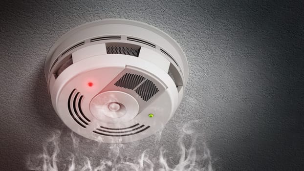 Alarming smoke detector on the ceiling. 3D illustration.