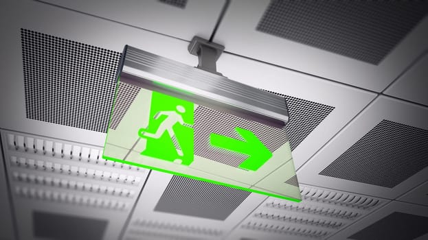 Exit sign hanging on suspended ceiling. 3D illustration.