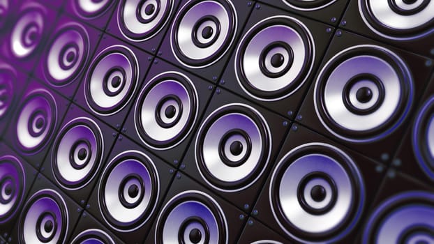 Wall of loudspeakers. Horizontal background. 3D illustration.