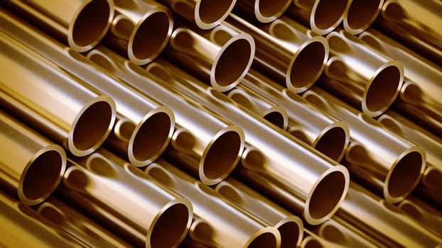 Gold tinted metal tubes stack background. 3D illustration.