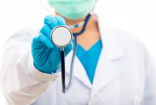 Doctor Day Concept. Female nurse wearing rubber gloves and, woman doctor white uniform holding stethoscope and show isolated on white background, medical health concept, close up