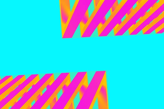 Abstract geometric background with vibrant pink and yellow 3D structures on a cyan backdrop. Modern digital artwork featuring parallel bars with a futuristic and minimalistic design.